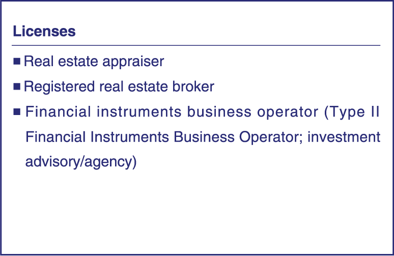 Licenses｜■ Real estate appraiser ■ Registered real estate broker ■ Financial instruments business operator (Type II Financial Instruments Business Operator; investment advisory/agency)